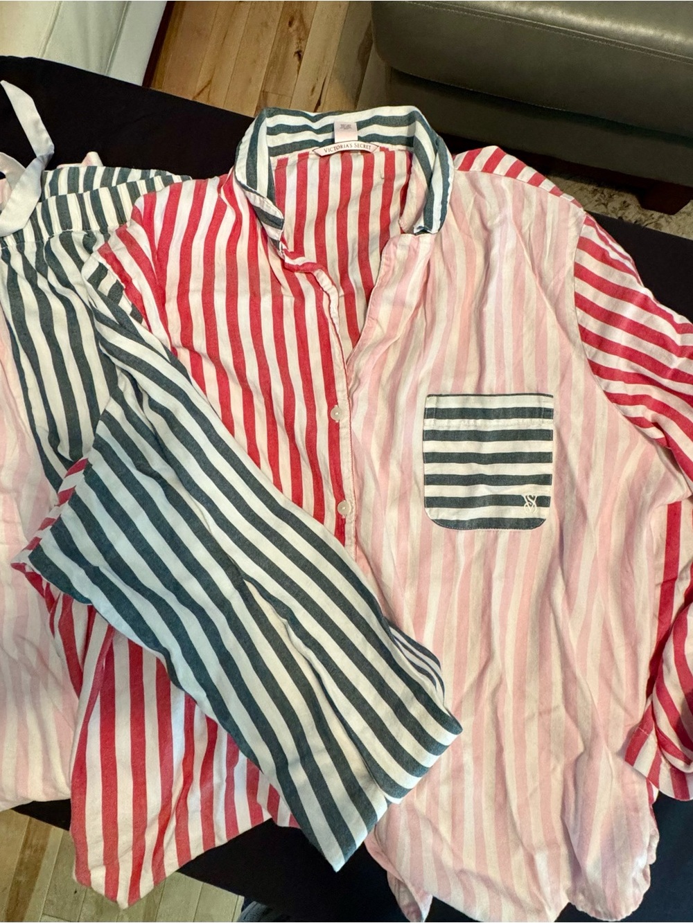 Victoria's Secret Men's Striped Button-Down Shirt in Red, Pink & Navy